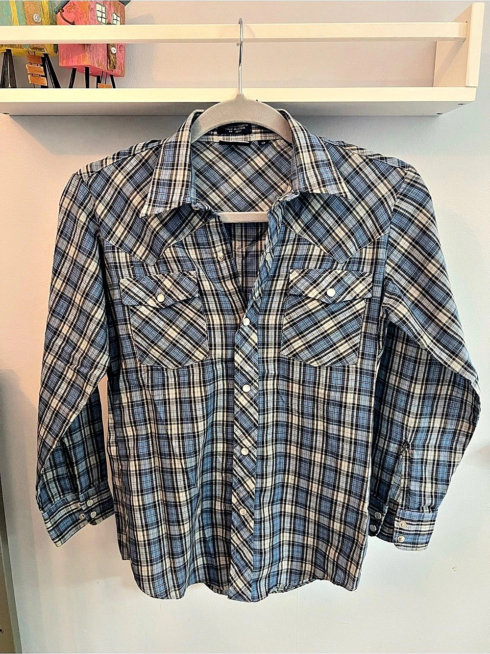 Sutton Place Plaid Snap Button Shirt in Blue & Gray Size Large